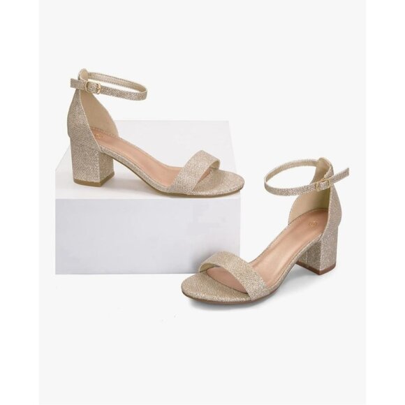 Mysoft Womens 8.5 Chunky Heels Open Toe Gold Glitter Ankle Strap Wedding Sandals - Picture 2 of 15